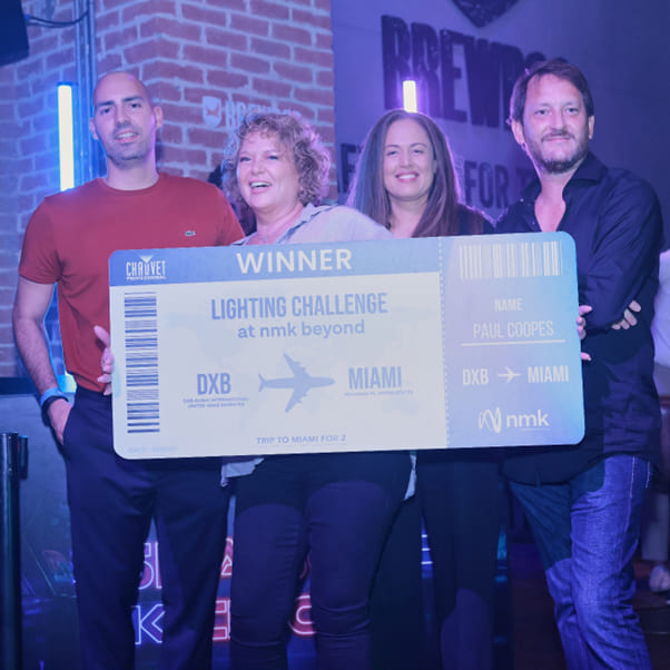 Alex Kemanes, Regional Managing Director, NMK Electronics; Belinda Saville Loocxx receiving the prize on Paul Coopes’(Winner) behalf; Caro Chauvet, Director of Global Marketing at Chauvet Professional and Aaron Russ, Managing Director, ARLD