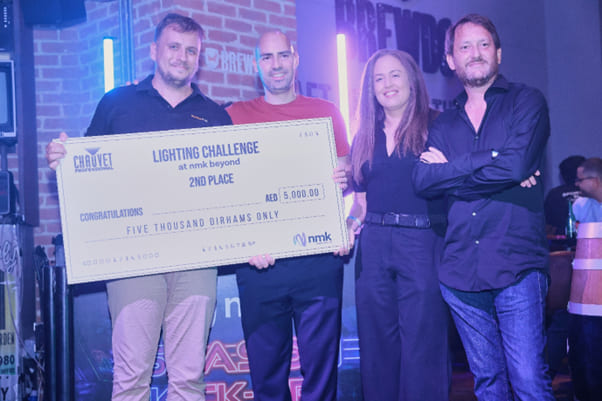 Alex Kemanes, Regional Managing Director, NMK Electronics; Kirill Tishchenko who won 2nd Place; Caro Chauvet, Director of Global Marketing at Chauvet Professional and Aaron Russ, Managing Director, ARLD