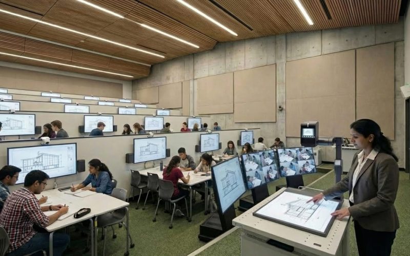 Diverse group of students in an Indian classroom collaborating in small groups using tablets and shared workspaces for active learning.