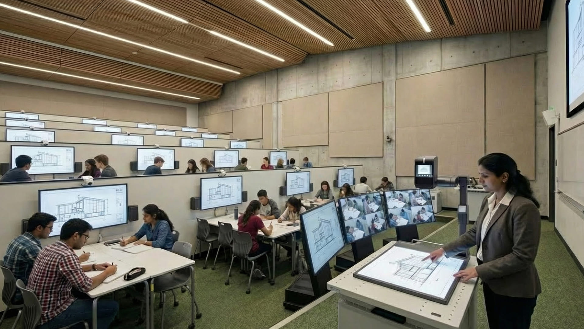 Diverse group of students in an Indian classroom collaborating in small groups using tablets and shared workspaces for active learning.