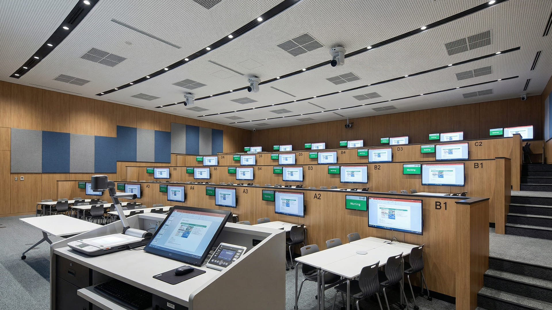 High-tech ceiling microphone array installed in a hybrid classroom to provide clear audio for both in-person students and remote participants.