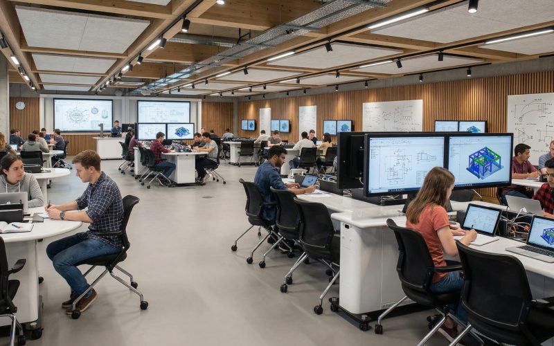 Modern interactive flat panel display in a smart classroom showing educational diagrams for real-time digital annotation and student engagement.