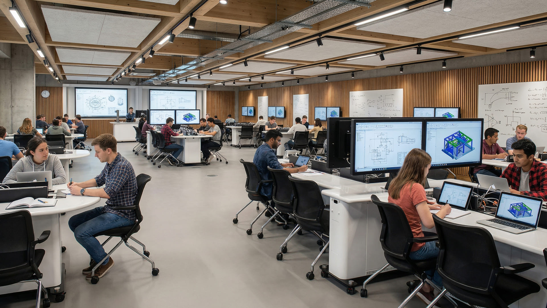 Modern interactive flat panel display in a smart classroom showing educational diagrams for real-time digital annotation and student engagement.