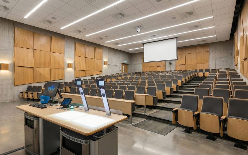 Educator acting as a facilitator, guiding university students through a hands-on problem-solving session in a modern experiential learning environment.