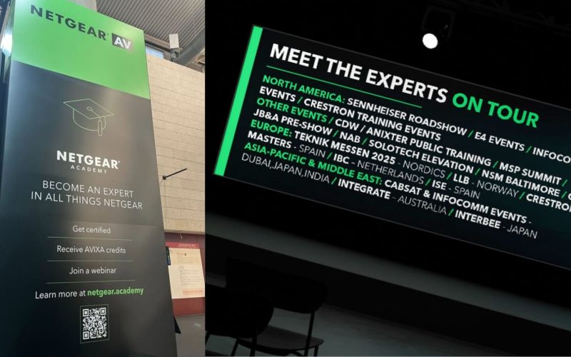 A collection of logos from 12 leading AV manufacturers including Crestron, Dante, Q-SYS, and Sennheiser on the NETGEAR Academy platform.