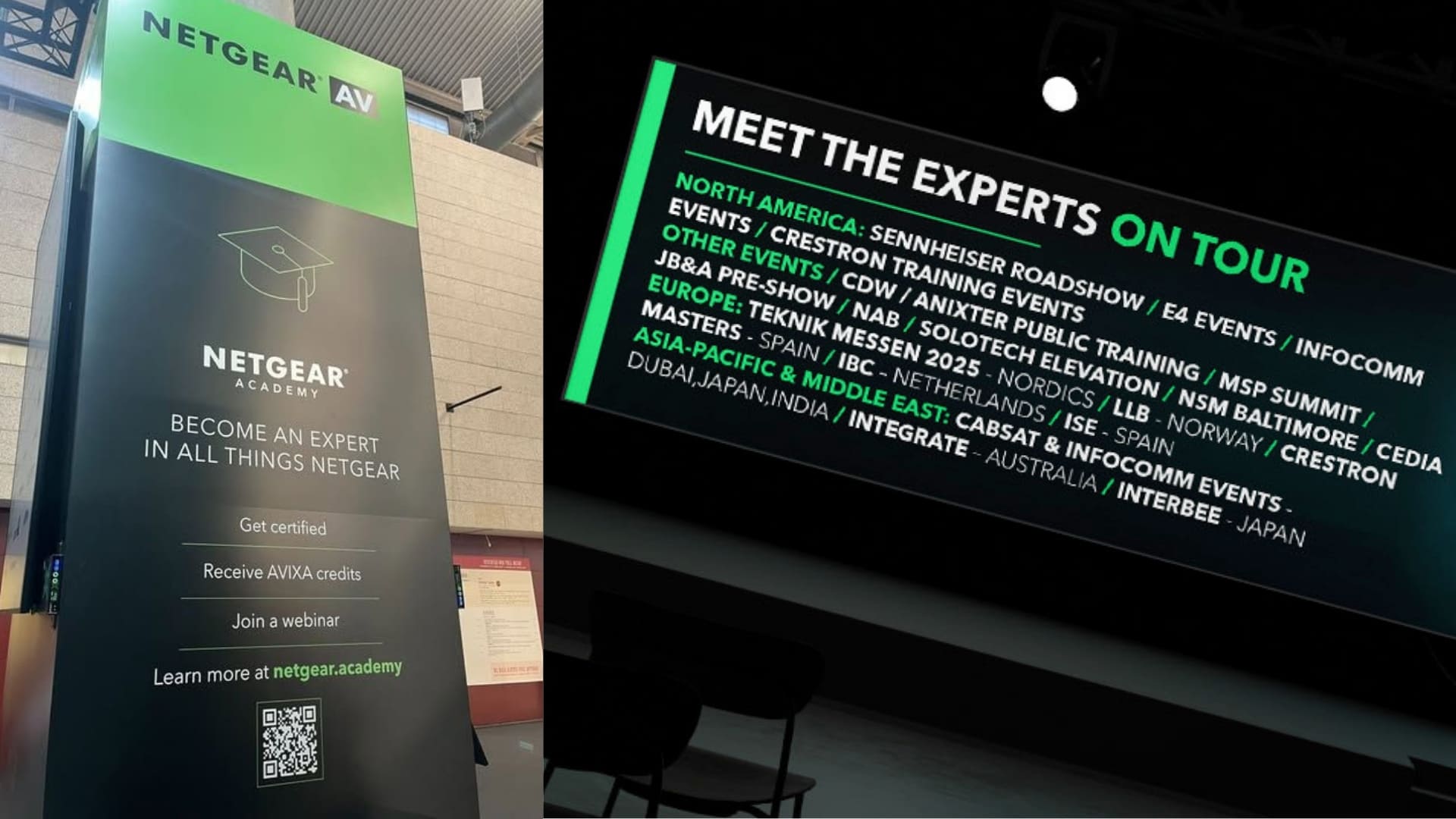 A collection of logos from 12 leading AV manufacturers including Crestron, Dante, Q-SYS, and Sennheiser on the NETGEAR Academy platform.