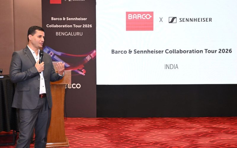 Live demonstration of hybrid meeting technology during the Barco and Sennheiser India Collaboration Tour.