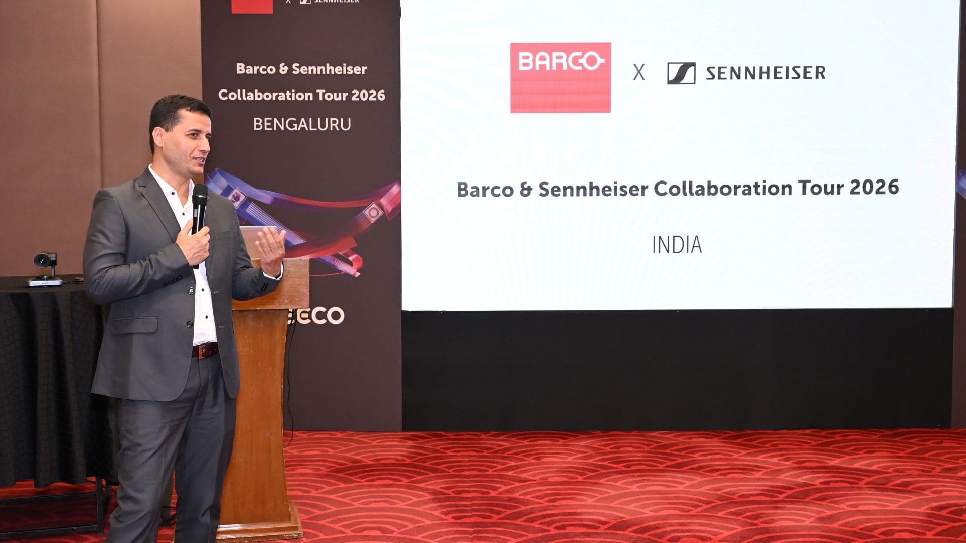 Live demonstration of hybrid meeting technology during the Barco and Sennheiser India Collaboration Tour.