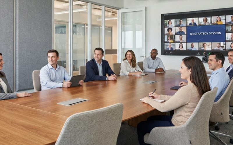 Professional beamforming ceiling microphone installed alongside sound-absorptive acoustic clouds for clear speech.