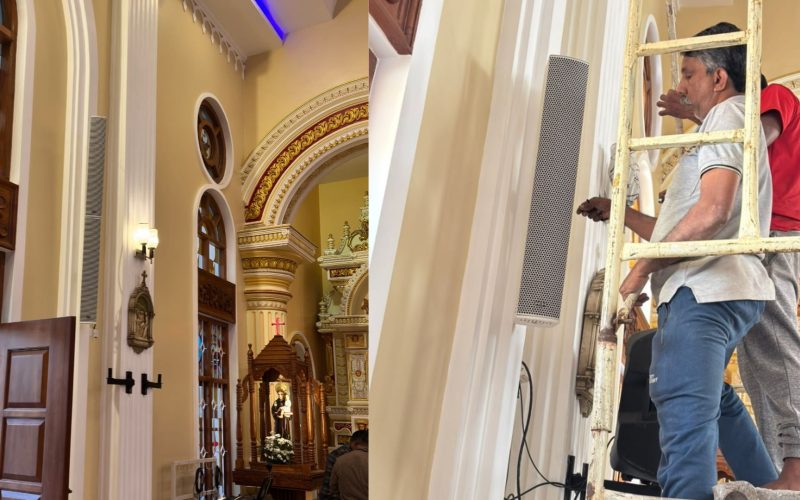 Close-up of an HH Audio CLS series column array speaker installed on a pillar at Mount Carmel Forane Church.