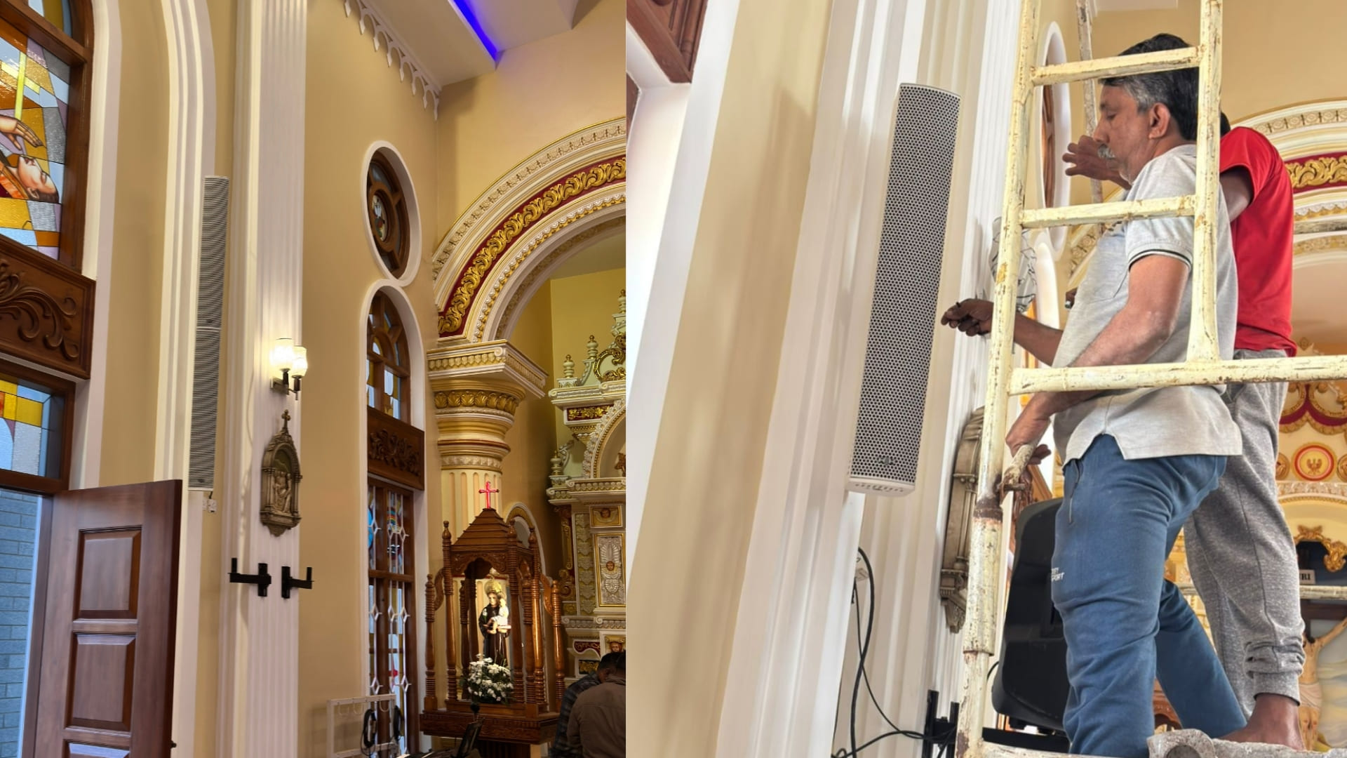 Close-up of an HH Audio CLS series column array speaker installed on a pillar at Mount Carmel Forane Church.