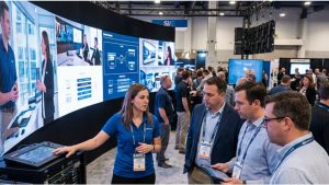 Fully integrated ceiling microphone array and beamforming speakers in a modern glass-walled boardroom.