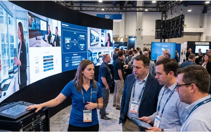 Fully integrated ceiling microphone array and beamforming speakers in a modern glass-walled boardroom.