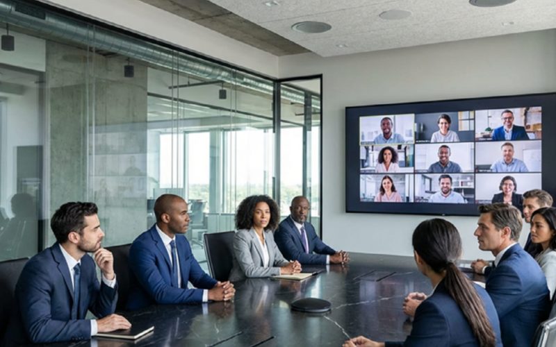 A luxury corporate boardroom in Dubai with glass walls and hard stone flooring causing high reverberation.
