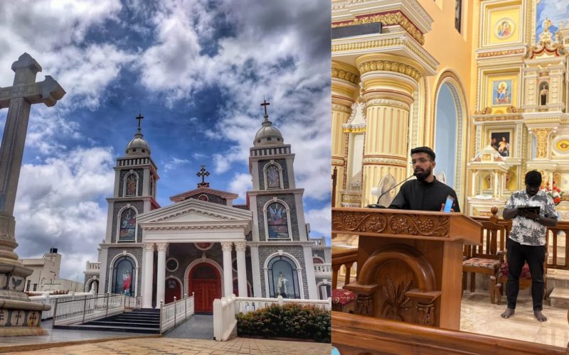 Wide interior view of Mount Carmel Forane Church in Carmelaram featuring HH Audio CLS column array speakers for improved speech intelligibility.