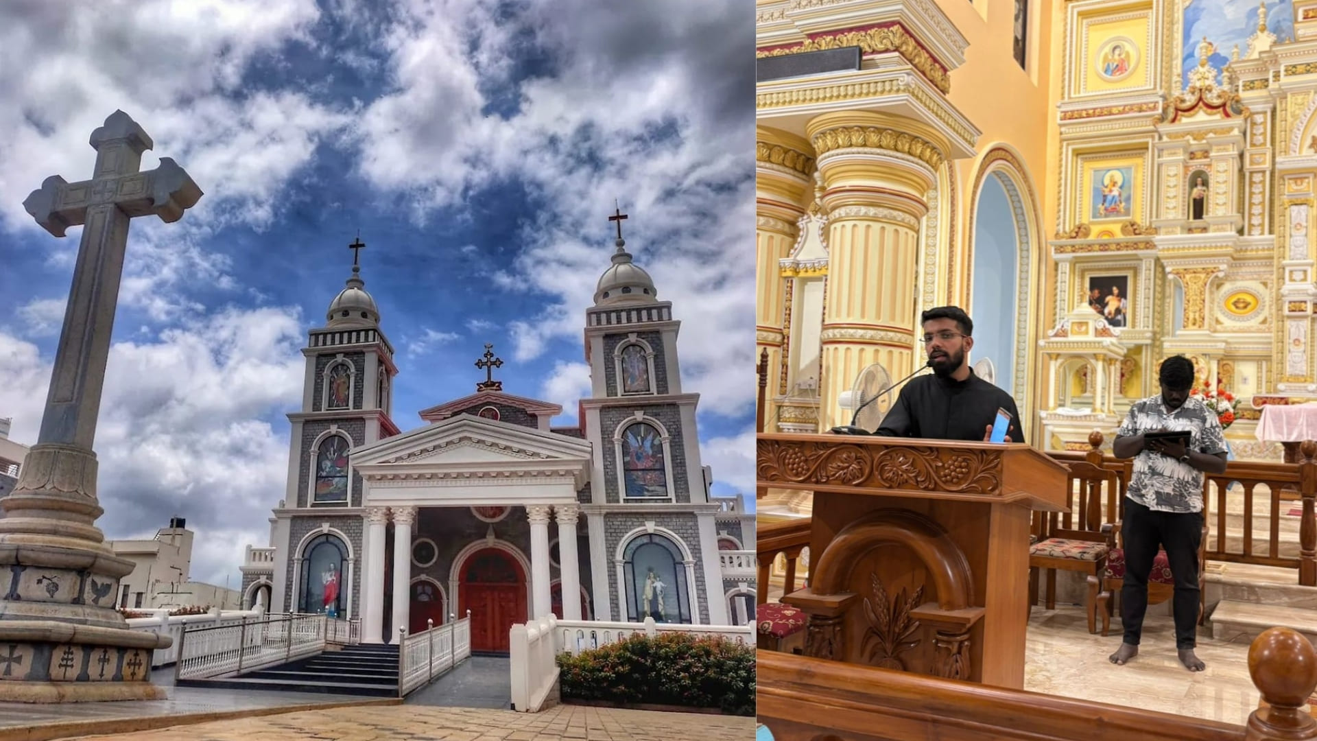Wide interior view of Mount Carmel Forane Church in Carmelaram featuring HH Audio CLS column array speakers for improved speech intelligibility.