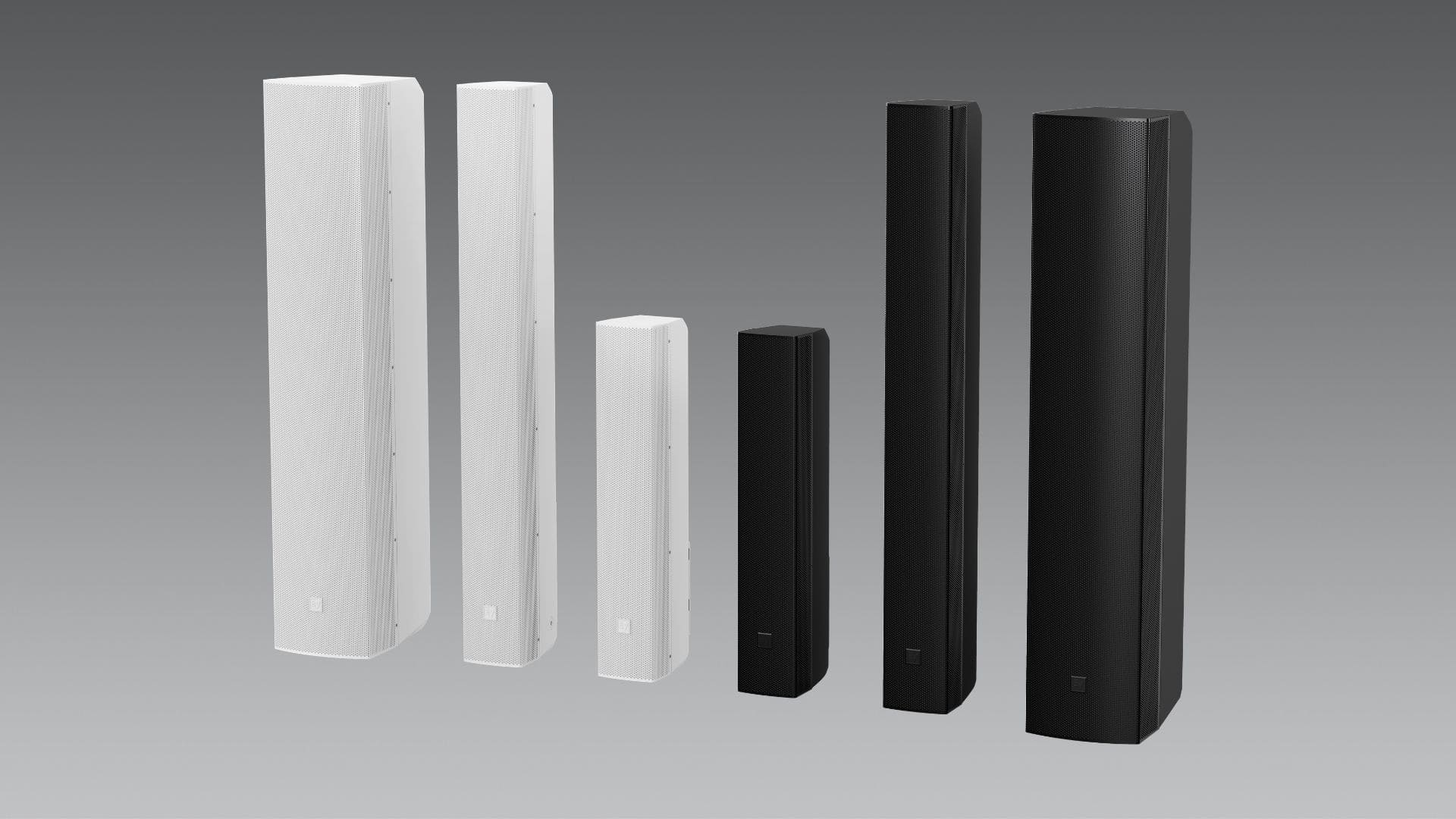 The three models of the Electro-Voice LRC series—LRC-1060, LRC-1100, and LRC-2100—shown in both black and white finishes.