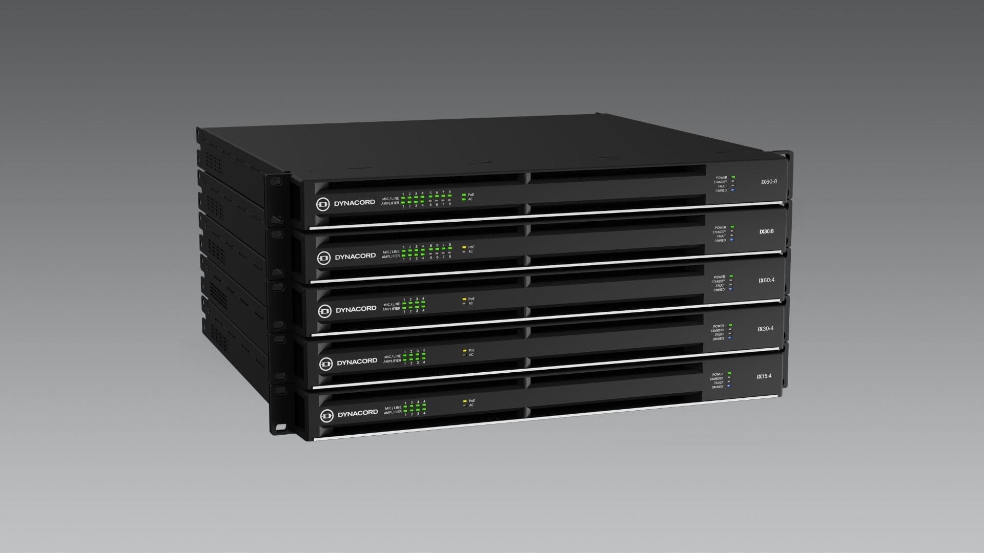 Front view of the Dynacord IX Series rack-mount multi-channel networked DSP amplifier.