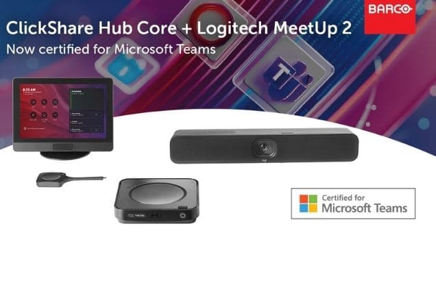 Barco ClickShare Hub Core and Logitech MeetUp 2 video bar on a conference table.