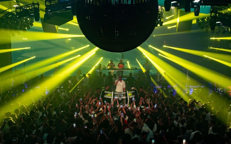A professional DJ booth setup showing the monitoring system and Ionic stagebox connectivity for touring artists.
