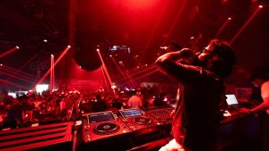 Wide shot of the main dance floor at The Leela Club, Goa, featuring the d&b audiotechnik loudspeaker system during a high-energy event.