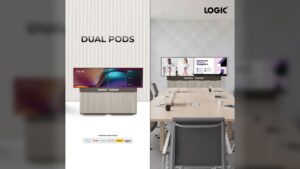 LOGIC Pods integrated AV collaboration solution installed in a modern enterprise boardroom with dual displays and conferencing technology.