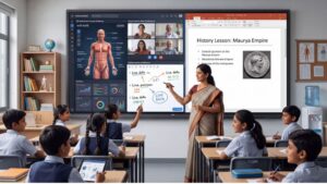 Teacher conducting an interactive lesson using a smart board in a modern classroom.