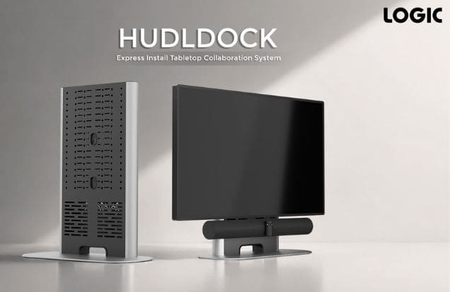 LOGIC HudlDock tabletop AV collaboration solution installed in a modern huddle room with integrated display, videobar, and concealed cable management.