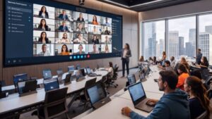 Modern phygital classroom featuring interactive displays, AI cameras, beamforming microphones, and hybrid learning technology.