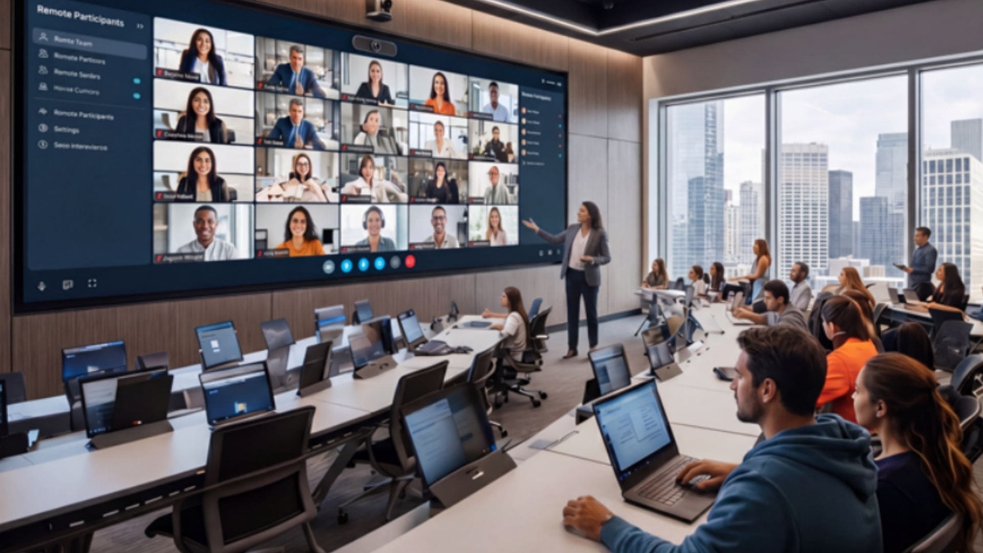 Modern phygital classroom featuring interactive displays, AI cameras, beamforming microphones, and hybrid learning technology.